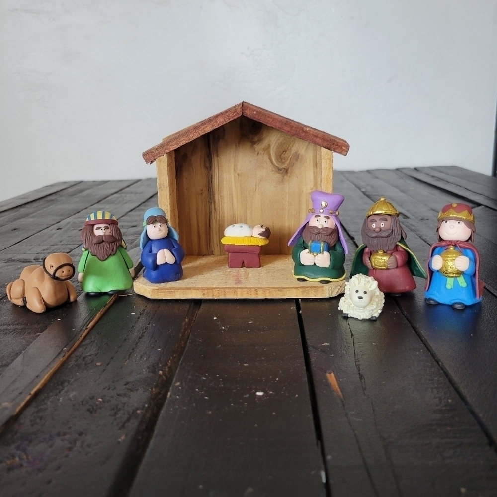 Nativity Scene 9 Piece Set Polymer Clay Wood Miniature Baby in a Manger Holiday